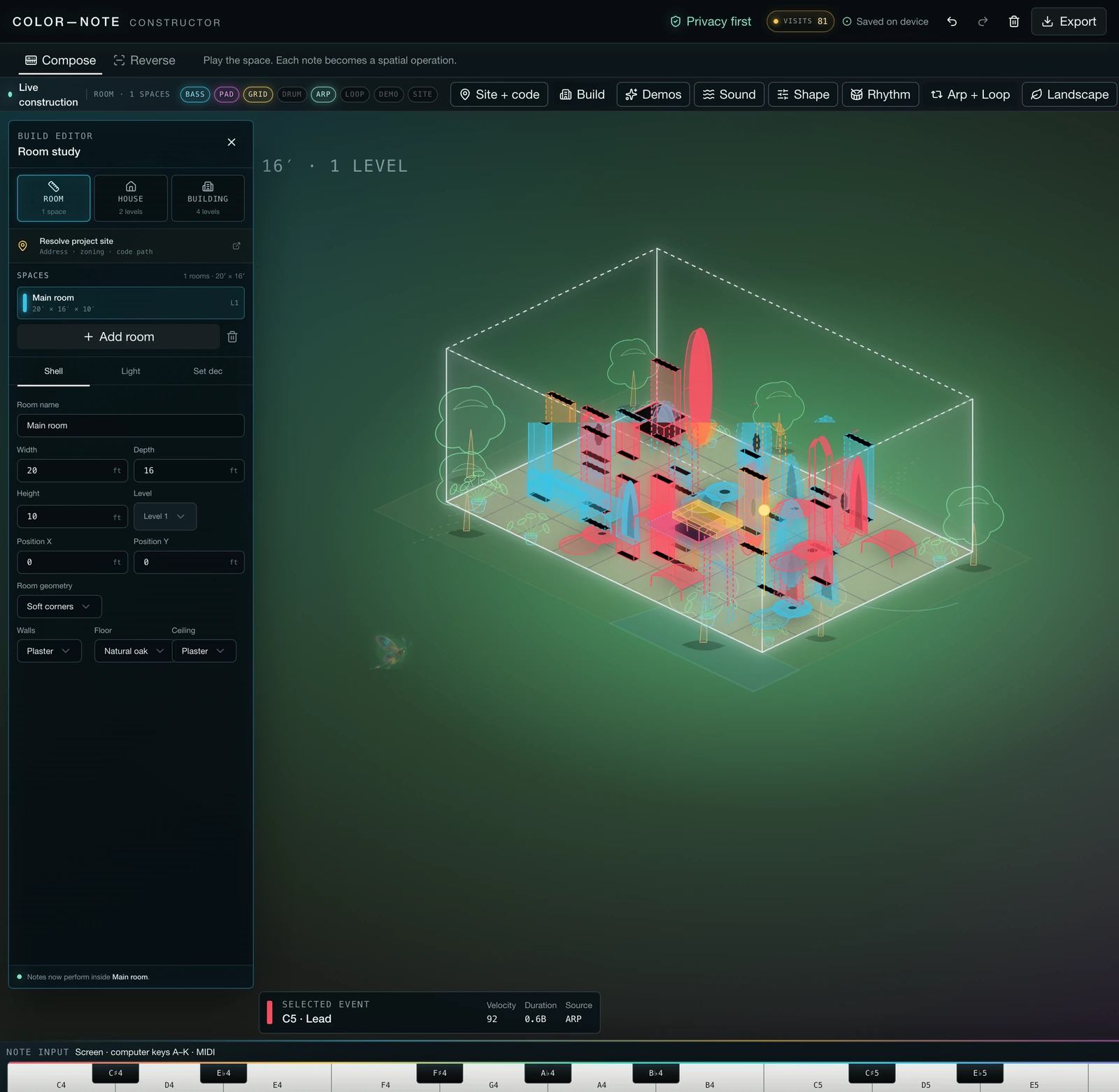 Color Note Constructor room study with colored spatial forms, room controls and a musical keyboard
