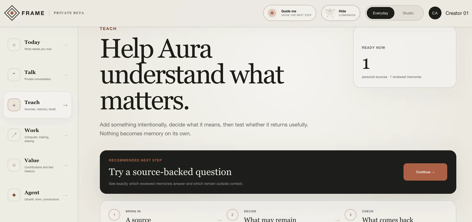 FRAME source-review interface with an add, decide and check sequence