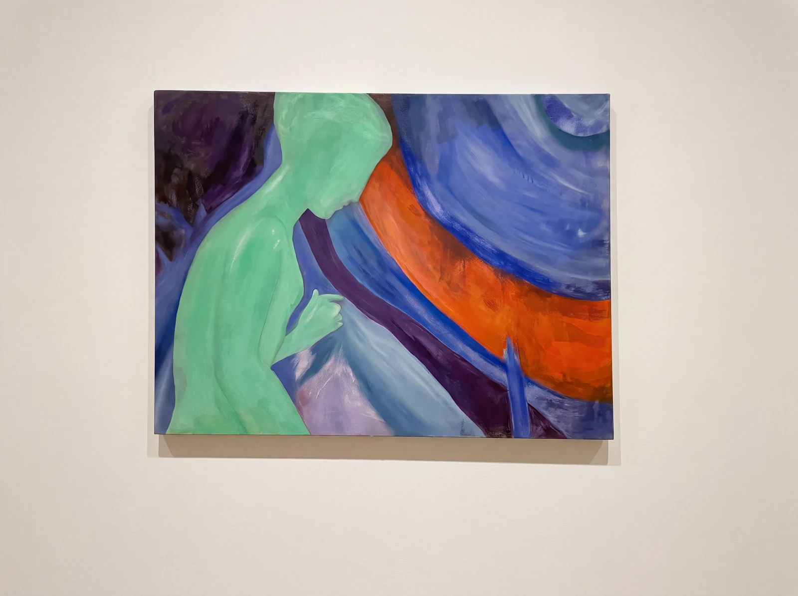 Mint figure, blue curves and orange paint in a digitally staged view of an original painting