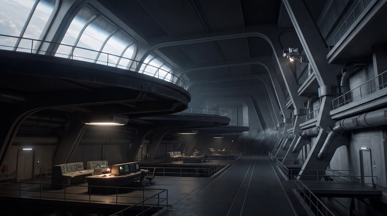 A high-ceilinged interior with curved balconies, tall windows and illuminated workstations